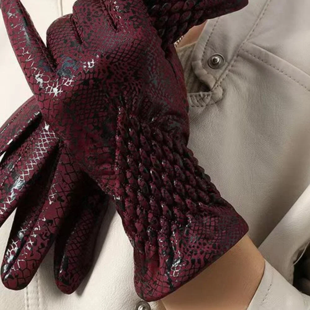 Burgundy Snake Print Touchscreen Gloves | Fleece Lined Warm